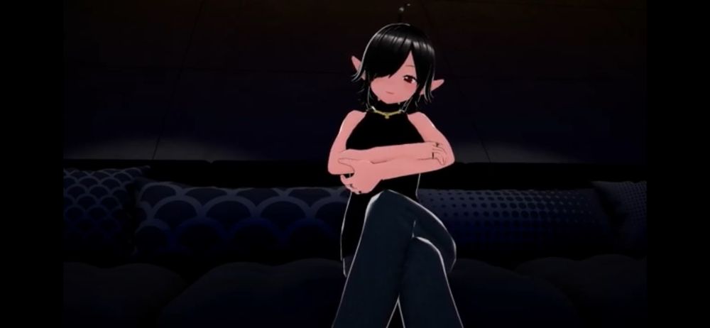 A screenshot of my OC sitting on a black couch with her arms crossed. She’s a seductive yet cool and kind elf mommy. She has short black hair that covers one of her eyes, a tight fitting sleeveless shirt, and long jean pants.