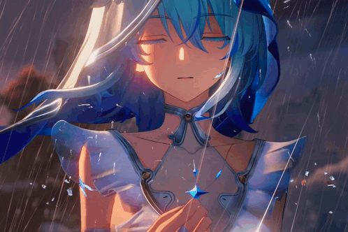 a blue haired anime girl with her eyes closed