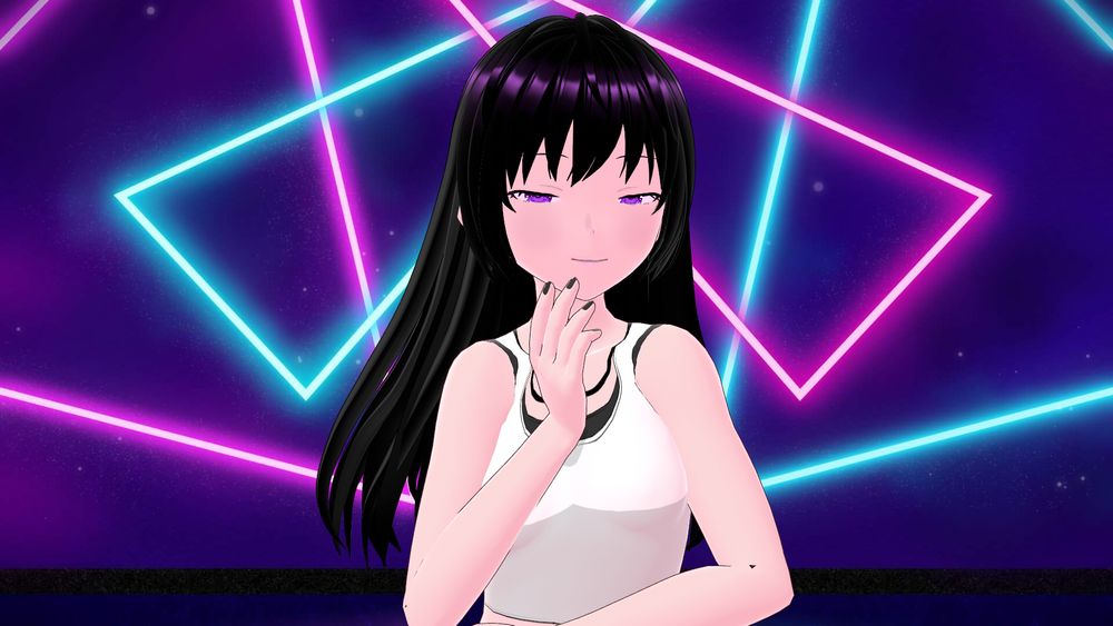 A selfie of me standing with my hand under my face in an intrigued way, smiling in a devilishly interested way, with my mouth slightly open. I have white skin, long black hair with purple highlights, gemlike purple eyes, a sporty white top with a black undershirt beneath it, a mostly black necklace with with a gold part at my collarbone, a red heart shaped womb tattoo, and jean shorts with a white belt. I'm standing in front of a foggy purple background that has colored dots on it, blue and pink neon lights running across it, and a black line running across the bottom.