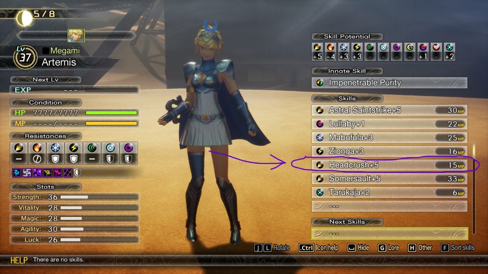 A screenshot of Artemis from smtv, showing her standing in a dessert field that has a building behind her. She is in a white and silver set of armor that looks like a superhero outfit, and is a tomboy like girl who looks incredibly strong yet still is petite. The screenshot is edited to have an arrow coming from her thighs that points to one of her skills named "Headcrush".