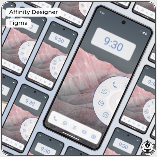 Mockup of several phone screens with my Dial-Me launcher app concept. There is a circular menu on the left-hand side, with several icons in a rotary dial like style.