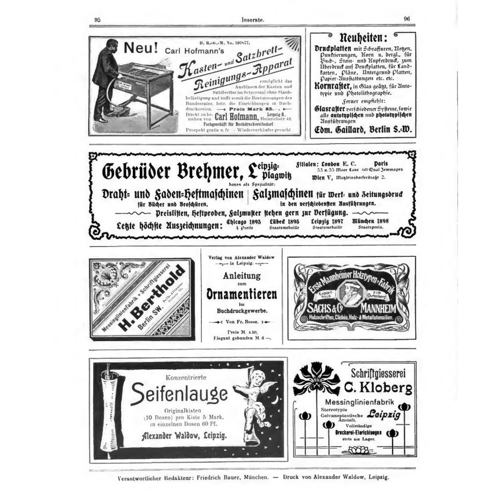 Black and white add page for various printing companies, in German, ca 1898.