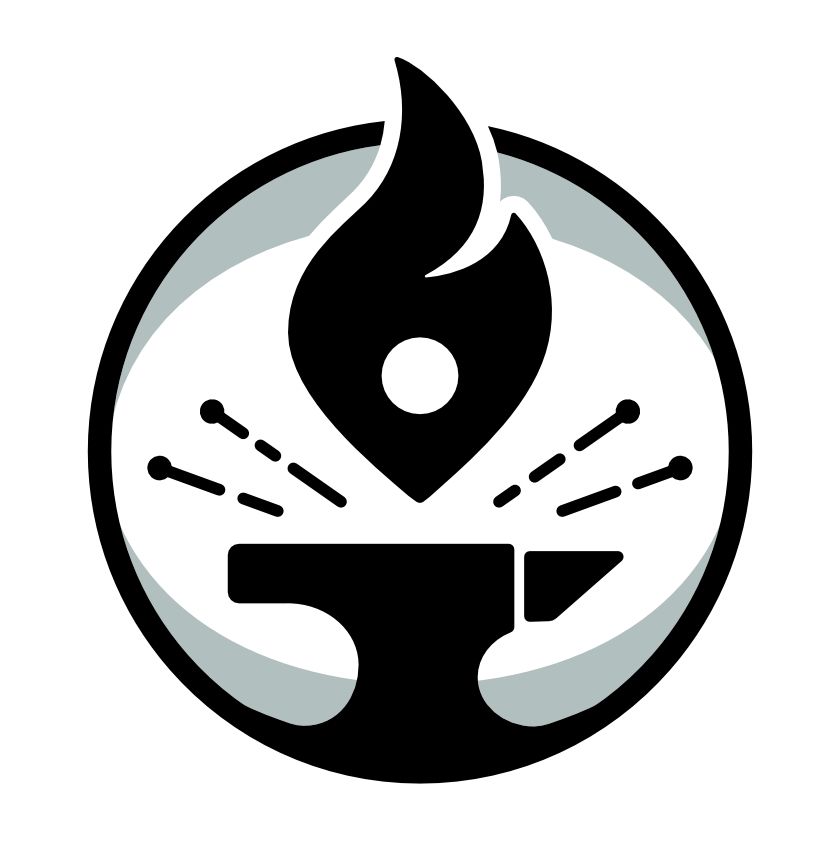 Icon of Kat Beller Creative Forge. Circular icon, with an anvil at its base, on top of it, a floating cursor with flames coming from it.