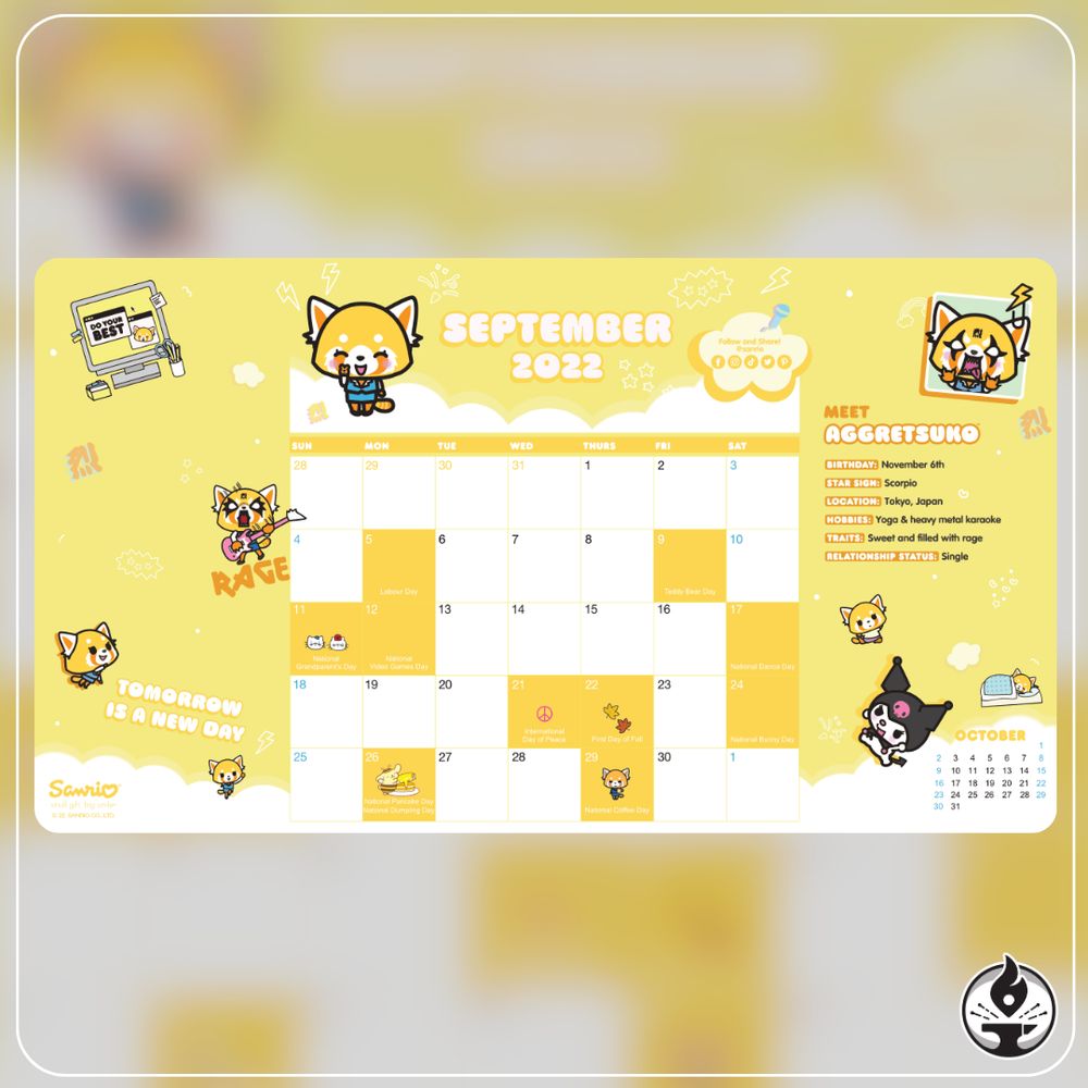 The full calendar in flat view. It features various Aggretsuko illustrations, a September 2022 calendar on a bright yellow background.