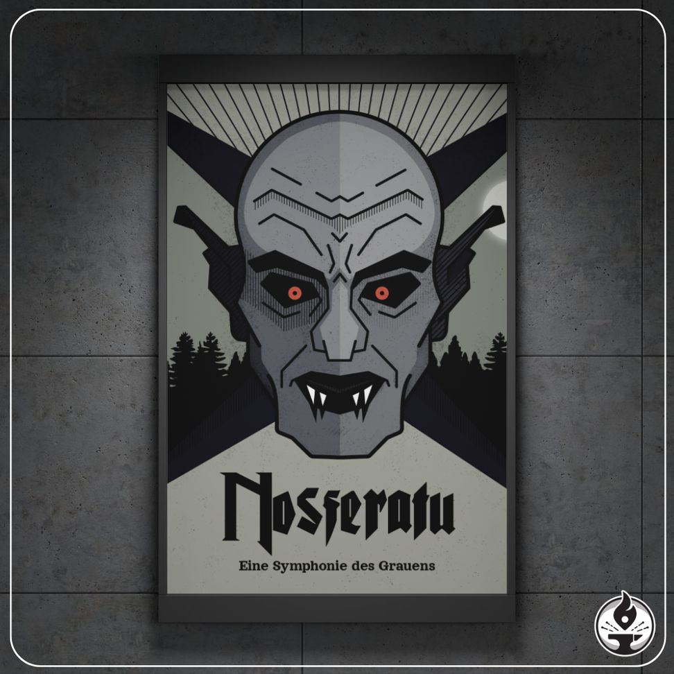 Mockup of a billboard poster, underground metro vibes. The poster features a symmetrical face in grey colours with red eyes, featuring angular, thick lines. It says "Nosferatu" and "Eine Symphonie des Grauens" underneath.