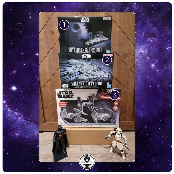 Photo of Star Wars ships in boxes stacked on top of each other, top to down: Death Star & Star Destroyer, Millennium Falcon, Imperial TIE Set, two figurines, Darth Vader & Storm Trooper as Samurai on the bottom of the photo.
