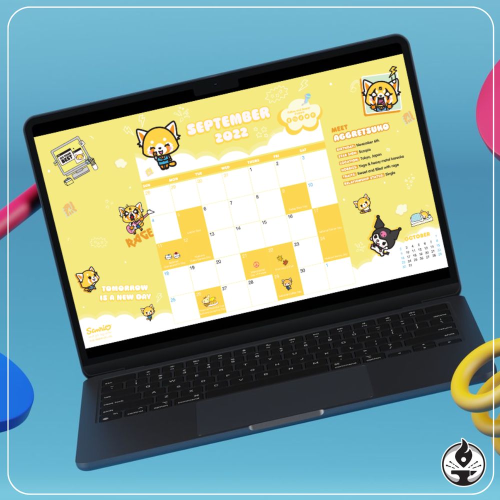 Mockup of a laptop floating. The screen is visible, and on it is a bright yellow wallpaper using Aggretsuko.