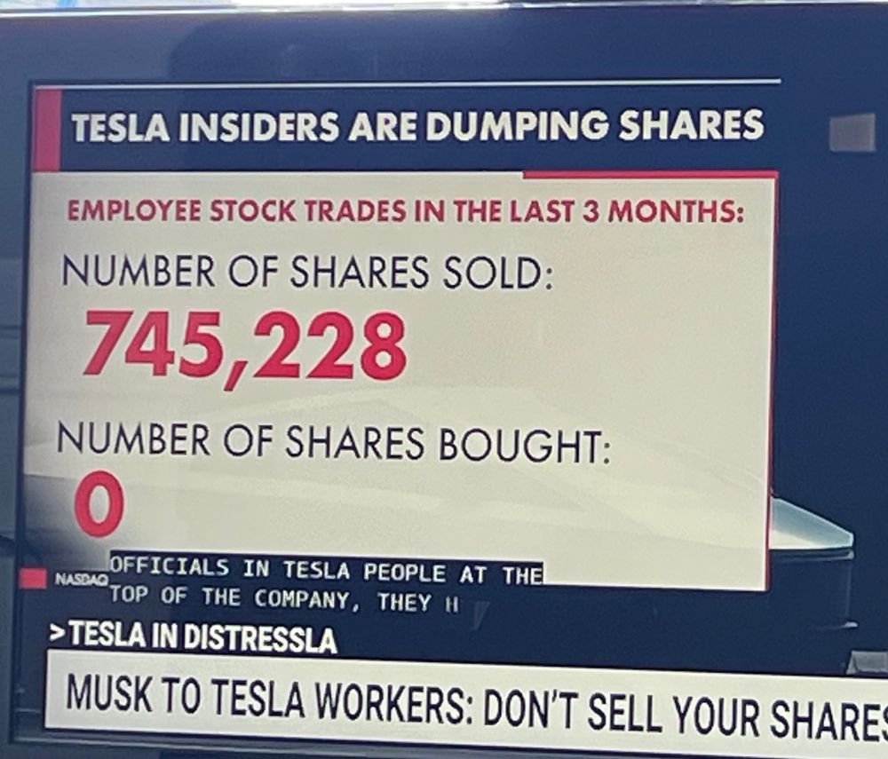 TESLA INSIDERS ARE DUMPING SHARES
EMPLOYEE STOCK TRADES IN THE LAST 3 MONTHS:
NUMBER OF SHARES SOLD:
745,228
NUMBER OF SHARES BOUGHT: 0
