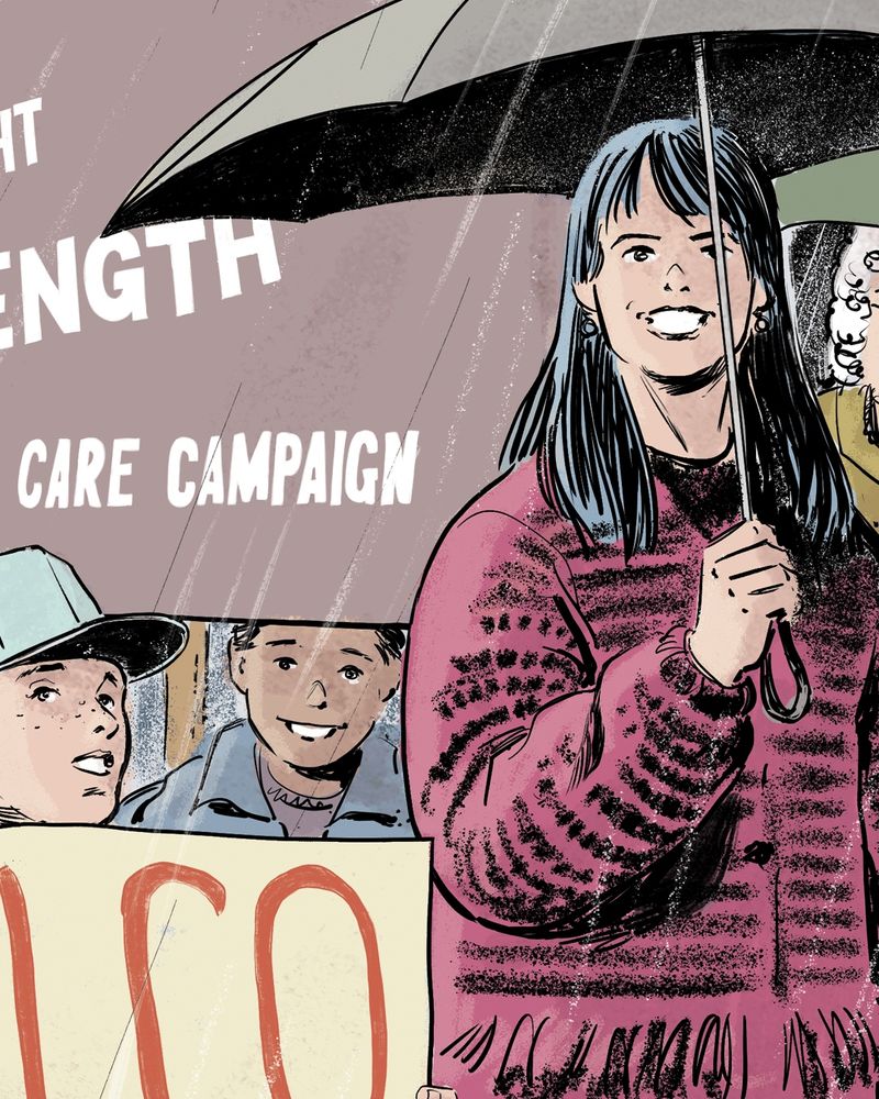 Detail from an illustration of a protest march. A child in a baseball cap is holding a sign and a woman is holding an umbrella. There is another child in the background. It is raining.