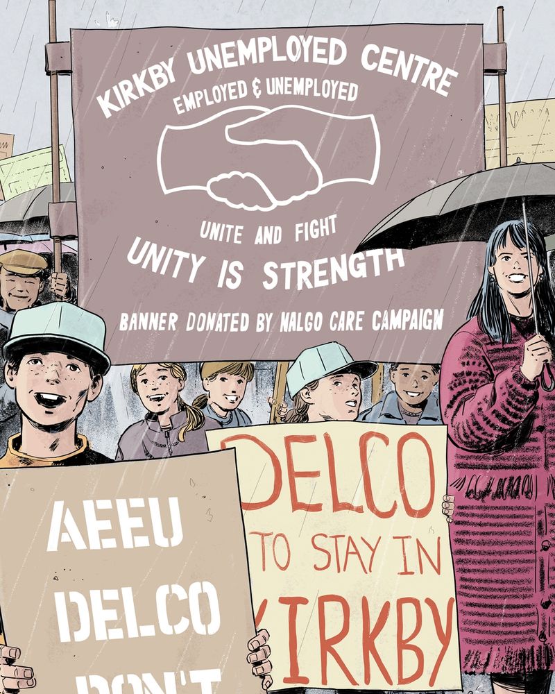 Illustration of marching women and children. The children are holding signs, protesting against the closure of a local manufacturing plant. It is raining and some people are holding umbrellas.