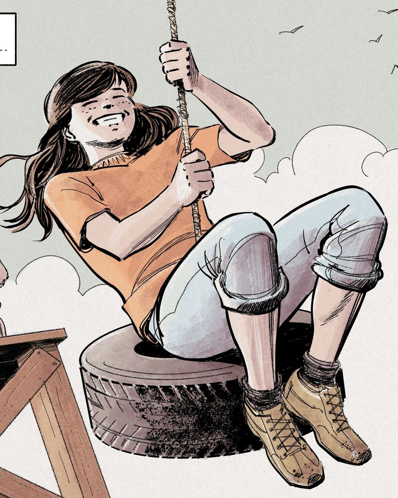 Comic art detail showing a girl smiling on a swing. The swing is made out of old rope and a car tyre.