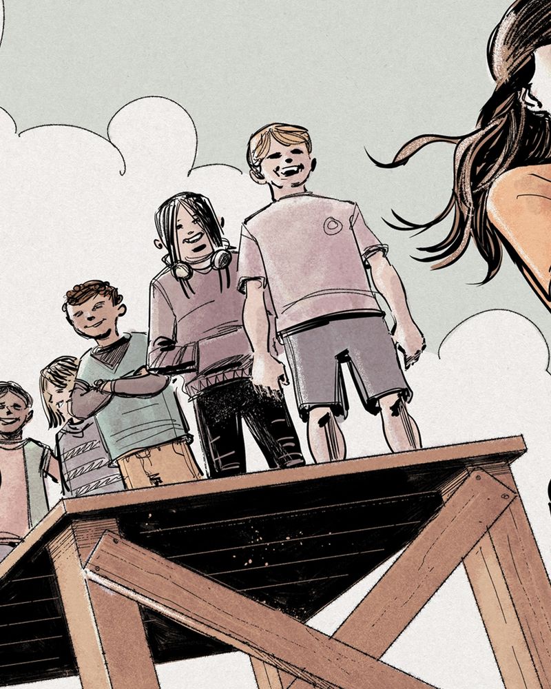 Comic art detail showing a group of happy children queuing up to play on a rope swing. 