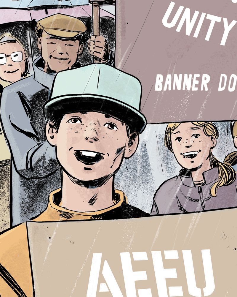 Detail from an illustration of a protest march. A child in a baseball cap is holding a sign and smiling. There is a woman, man and child also marching in the background.