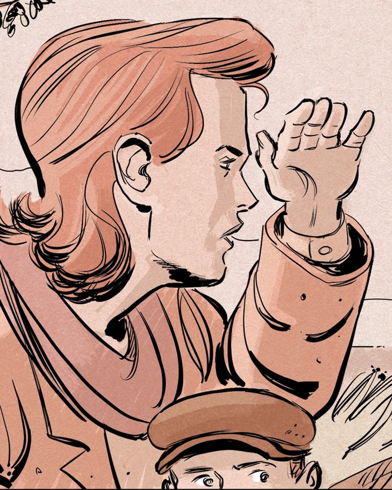 Comic book panel illustration. Medium / close up image of a woman and child, dressed in WWII era clothing. The woman is shielding her eyes from the sun as she looks on at something happening off-panel.