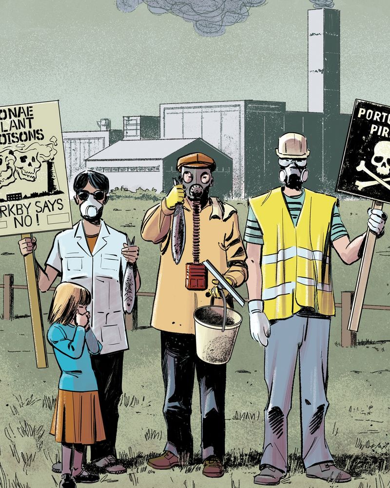 Illustration showing a group of protestors in protective masks holding dead fish and placards. They are protesting against the factory in the background which is polluting the area.