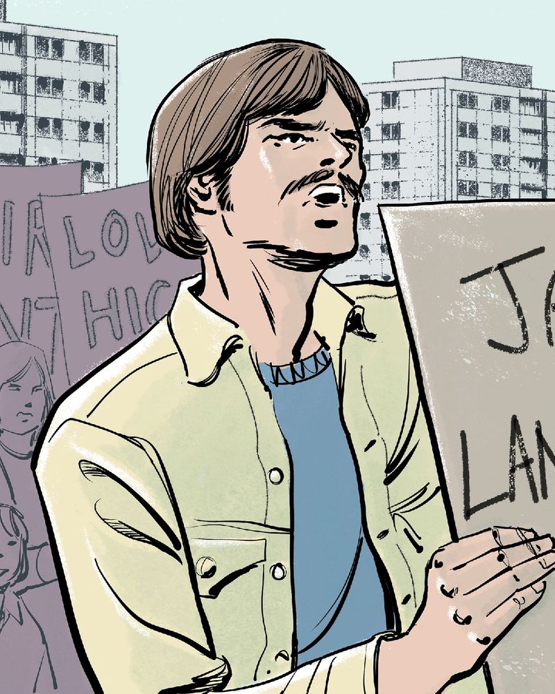 Illustration showing Kirkby Unemployment Centre activist Tony Boyle on a protest march.