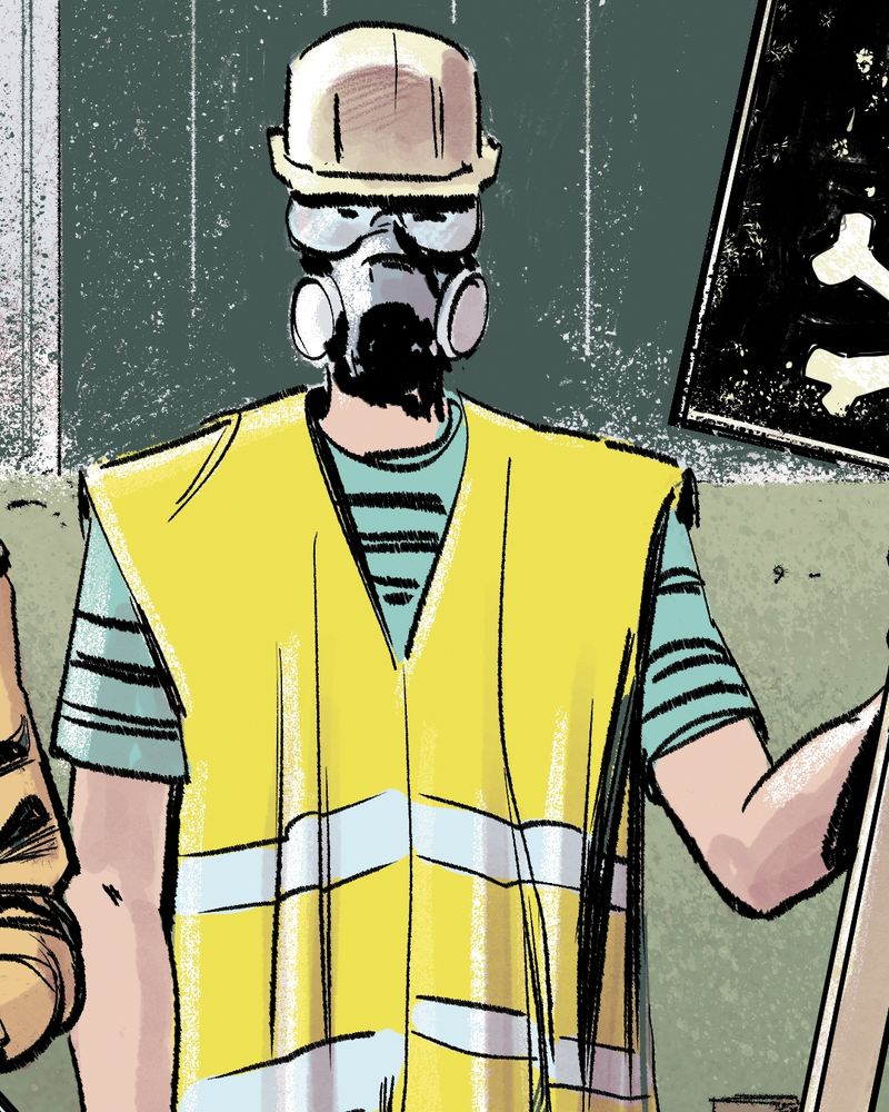 Detail from an illustration showing a man in a gas mask and hi-vis vest holding a placard. He is protesting against a local factory which is polluting the area.