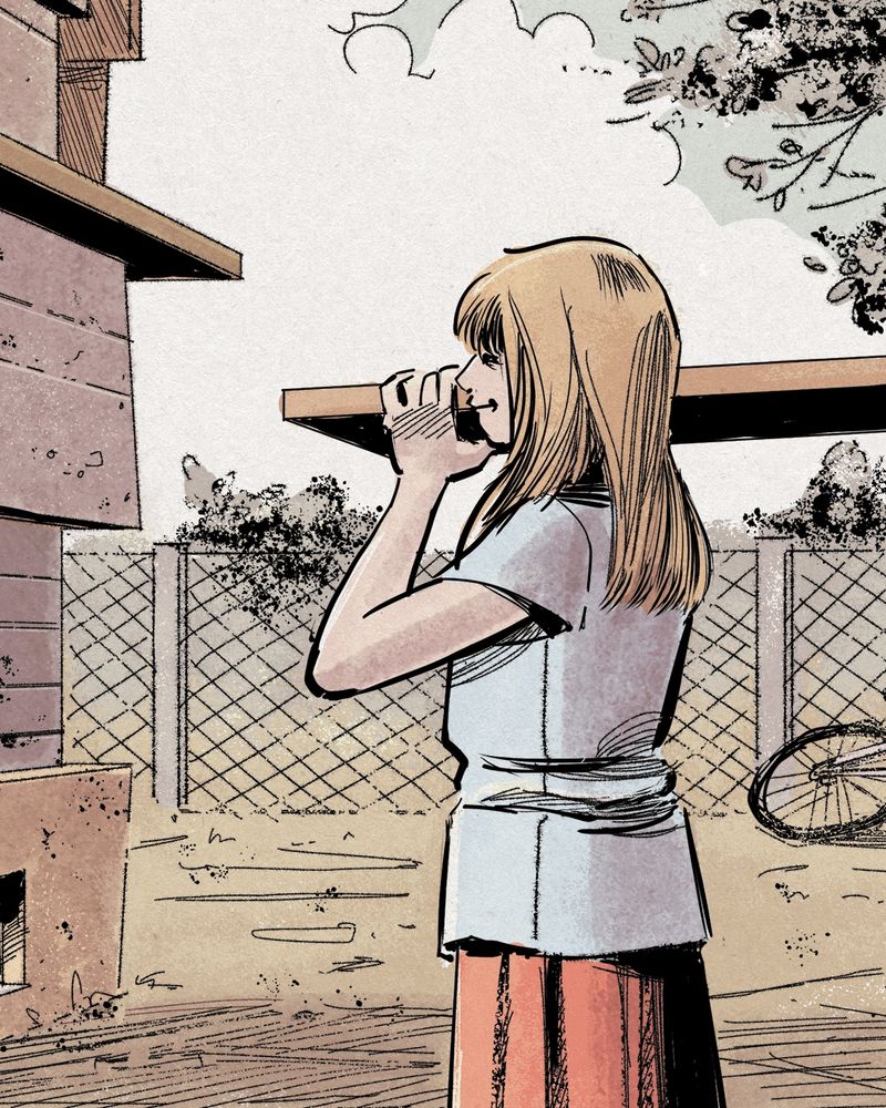 Comic art detail showing a girl carrying a plank of wood. She is helping to build a den.