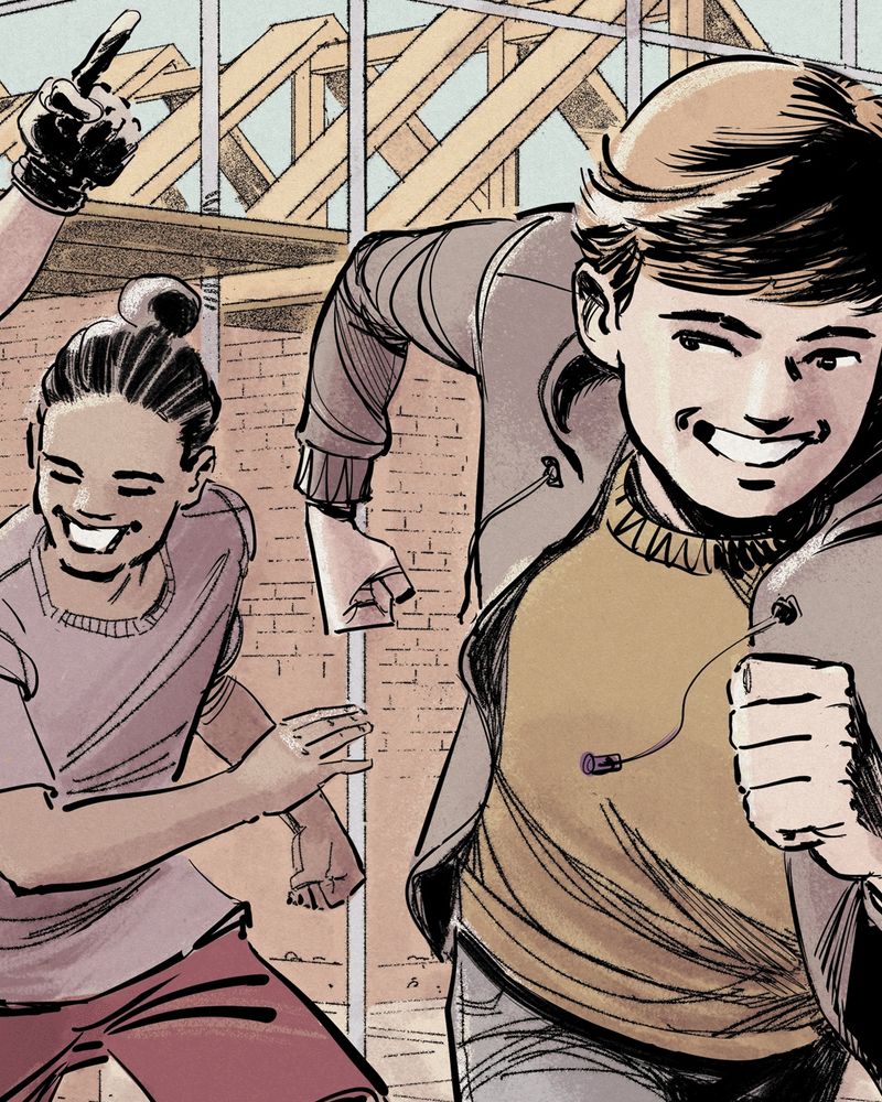 Panel of comic art showing two children running with a building site in the background.