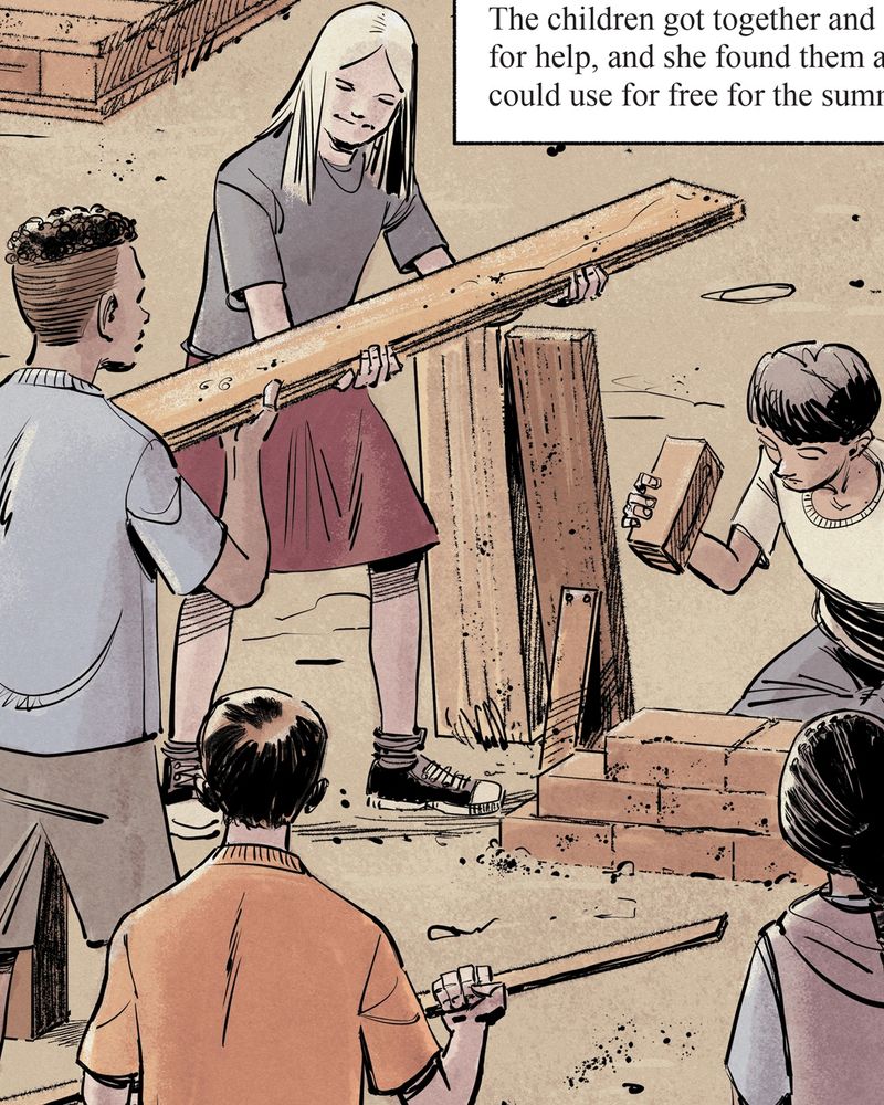 Panel of comic art showing a group of children building a den with planks of wood and bricks.