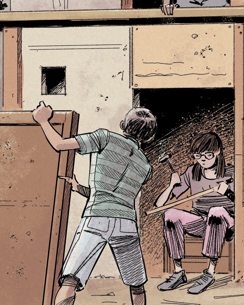 Panel of comic art showing two children making a den with planks of wood.