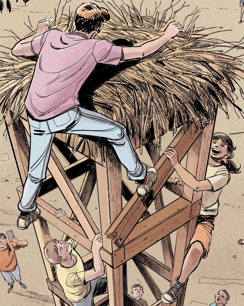 Comic art detail showing a group of happy children climbing a tower. They made the tower themselves out of planks of wood.