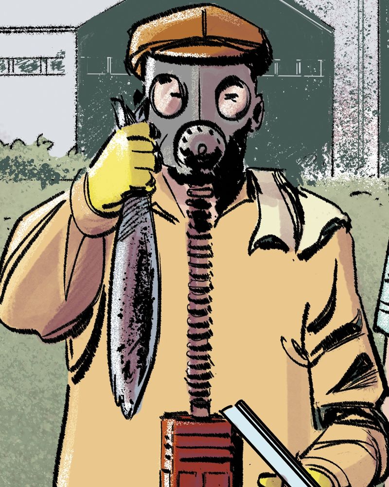 Detail from an illustration showing a man in a WWII gas mask holding a dead fish. He is protesting against a local factory which is polluting the area.