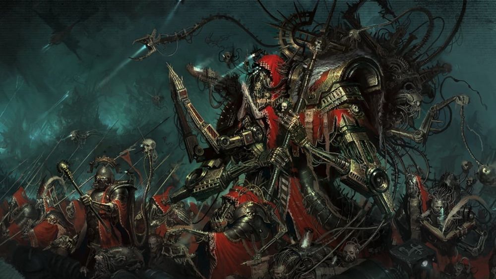 A Warhammer 40k tech priest chanting rites 