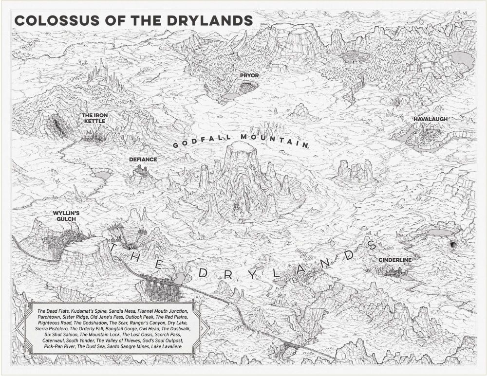 A black and white map titled Colossus of the Drylands, featuring a large desolated mesa with sparse cities