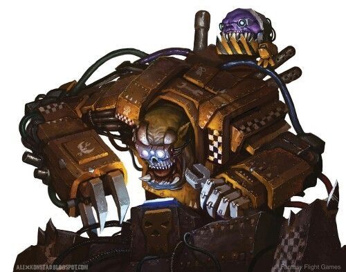 A Ork mechanic maniacally laughing while creating batshit crammed stuff 