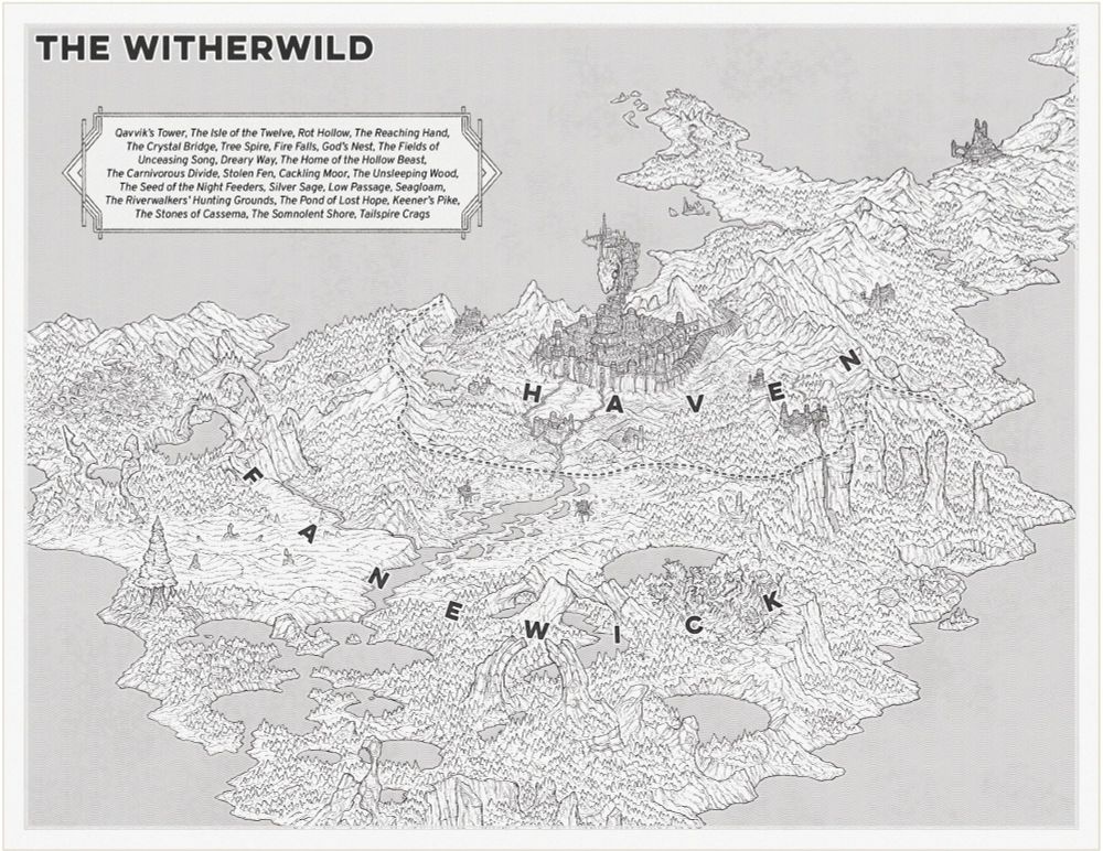 A black and white map titled The Witherwild - featuring a large forest area with sparse cities.