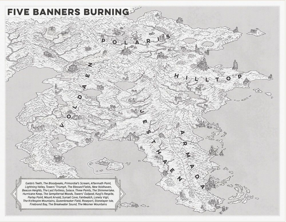 A black and white map titled Five Banners Burning featured a continent fractured in five conflicting states
