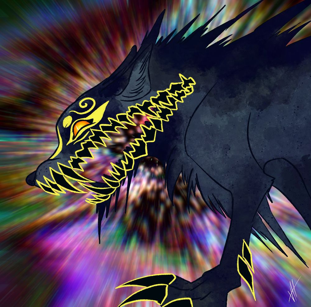 Fade, except Void is taking over, so there is body horror going on with an extended mouth full of void teeth. Fade's also growing void claws on their legs. Interestingly, their true form's markings are appearing. They're gonna go eat a city, it's okay