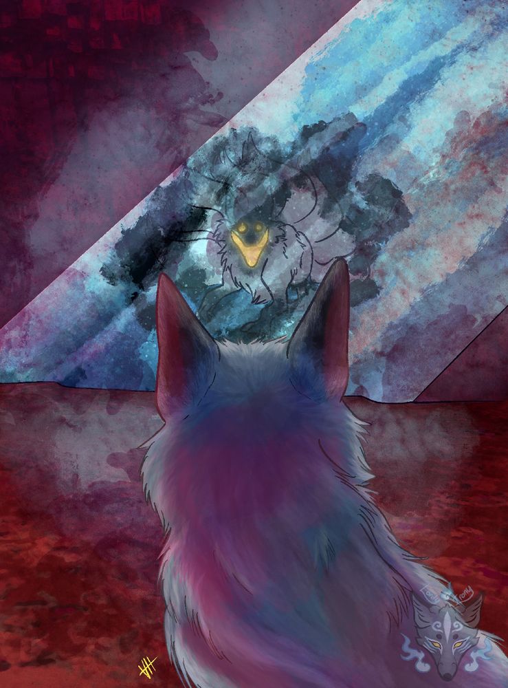 Drawing of Fade looking at their reflection in some kind of large chunk of glass. Their reflection is ominously in Void-ish form, with an unsettling glowing smile