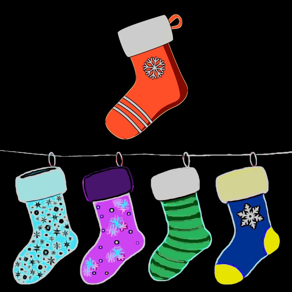 Il s'agit d'un dessin numérique. 

Une première chaussette de Noël rouge avec un gros flocon de neige blanc et trois rayures sur le bas, elle est située tout en haut de l'image. 

En bas de l'image, un fil avec quatre chaussettes accrochées. De gauche à droite : Une chaussette cyan, une chaussette violette, une chaussette verte et une chaussette bleue et jaune. 