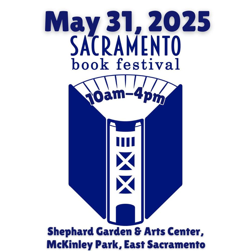 Blue text (date, place) and a blue book promoting the Sacramento Book Festival on May 31