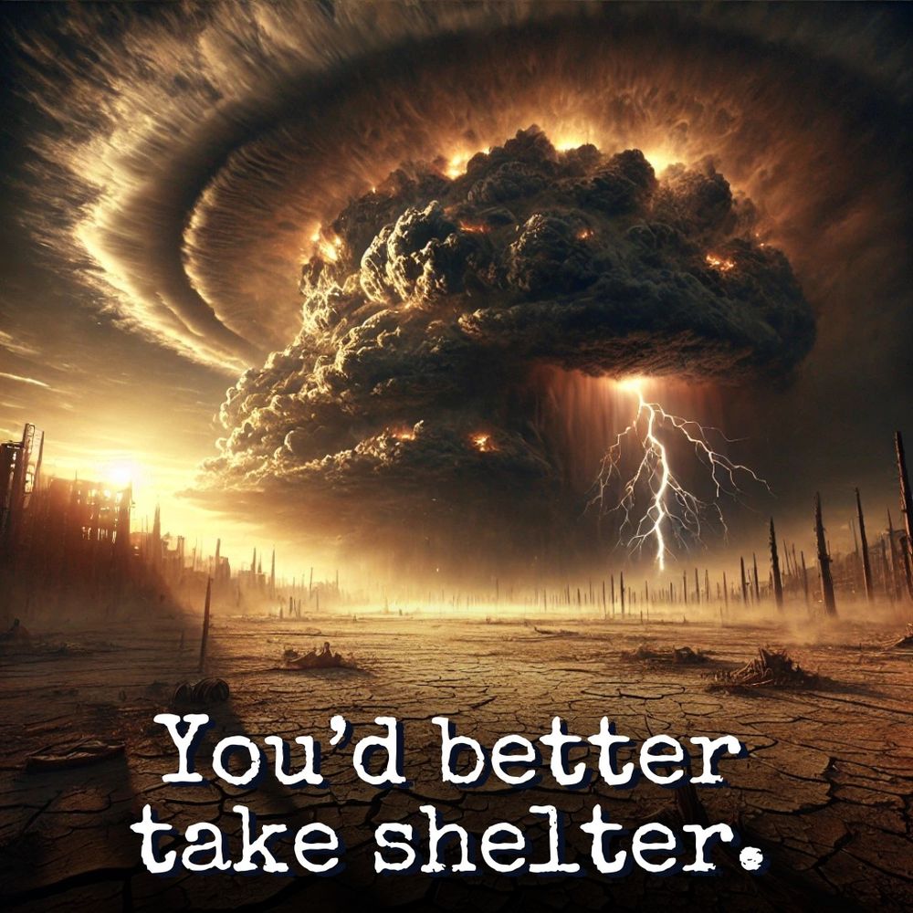 Terrifying, gigantic storm over a wasteland in ruins.