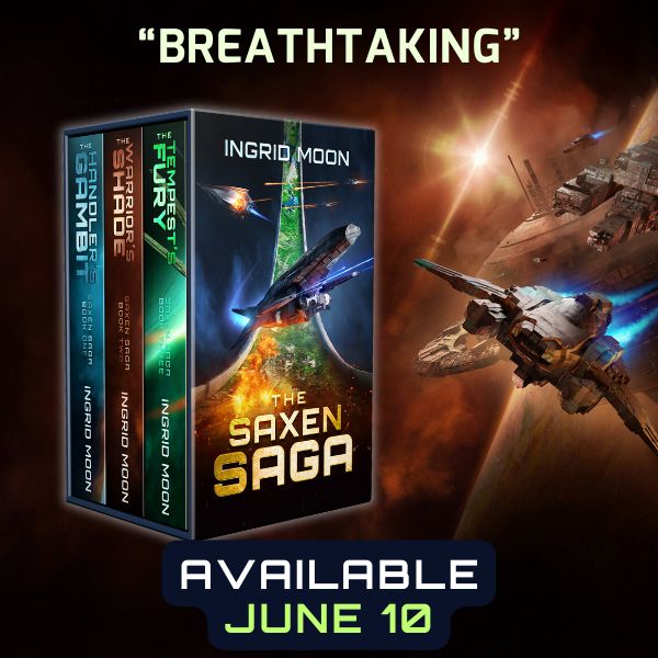 A box with three novels on top of a brown scene of a space battle. Text says "breathtaking" and "available June 10"