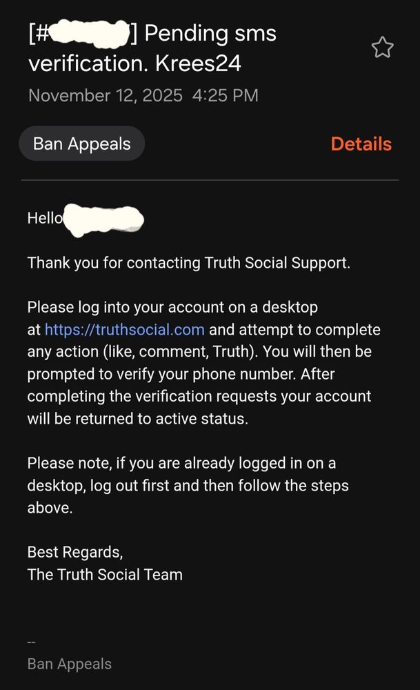 Appeal for a ban on truth social returned as being unbanned and requires sms verification.