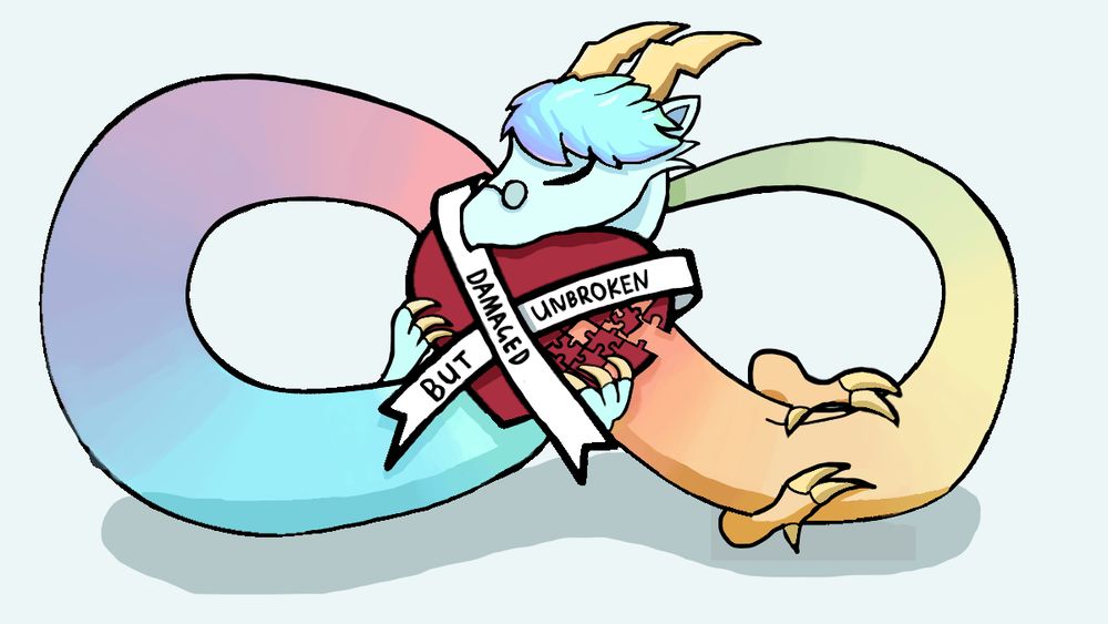 Rainbow Colored Eastern Dragon curled up in the shape of the Autism Awareness Symbol, holding a heart crumbling into puzzle pieces, with a ribbon wrapped around it saying 'Damaged but Unbroken