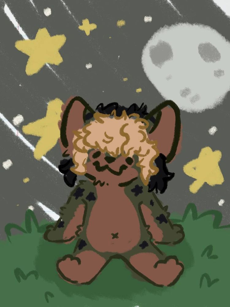 a green and brown fennec fox sitting in a field. its nighttime and there are stars and the moon showing.