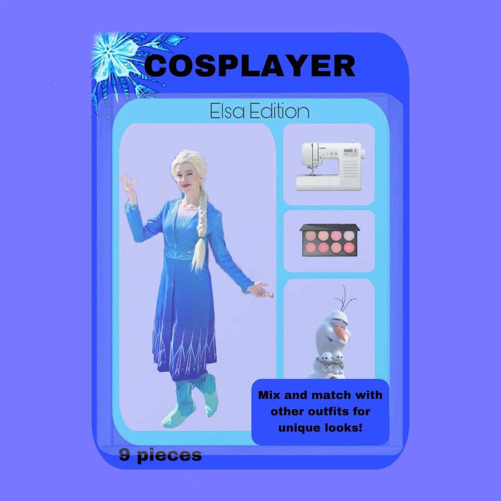 Fake action figure pack of a cosplayer dressed as Elsa with a sewing machine, makeup pallet, and an Olaf. Not made by AI