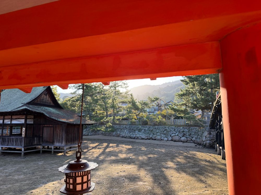 Vermillion Japanese Buddhist temple lit by morning sunlight frames a shadow dapple courtyard. A lantern hangs from the eave of the temple. 