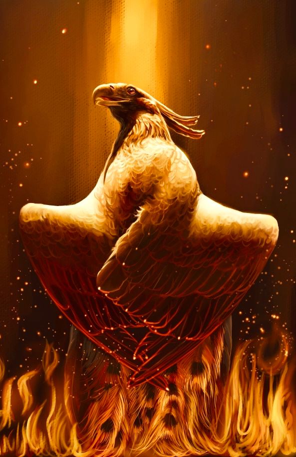 A digital painting of the back view of a fiery eagle phoenix with a crest surrounded by flames and flying embers.