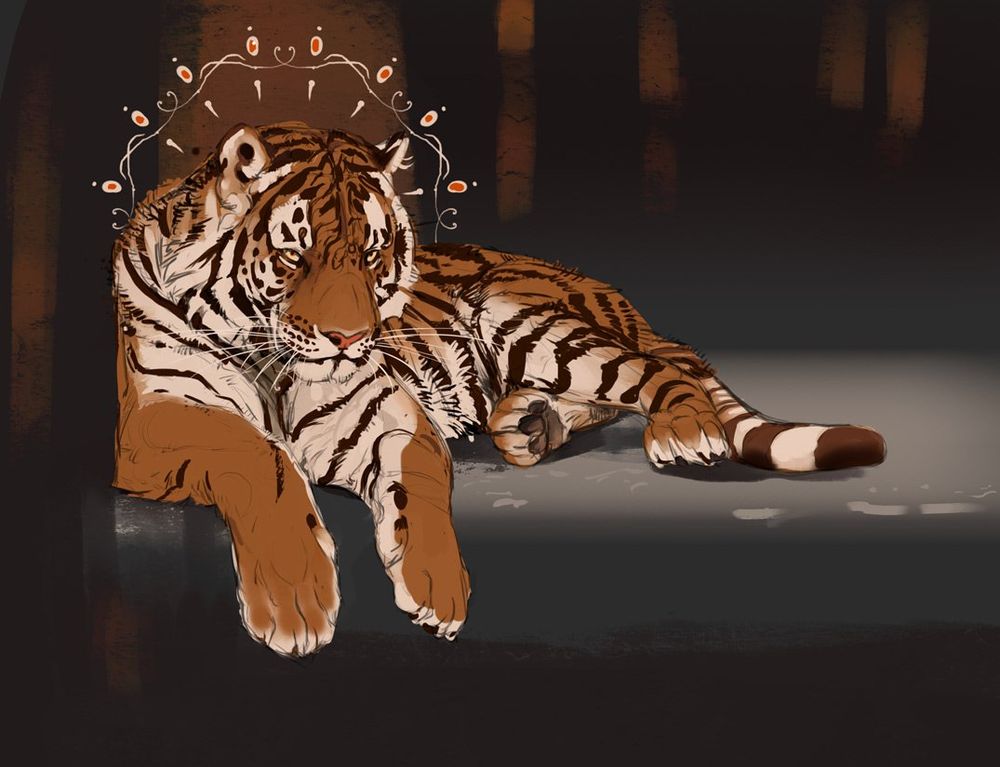 A tiger laying down, massive forepaws hanging over the edge of the surface. A filigree halo surrounds the head, eyes gazing at the viewer. The background is indeterminate vertical lines of rusty red on dark.