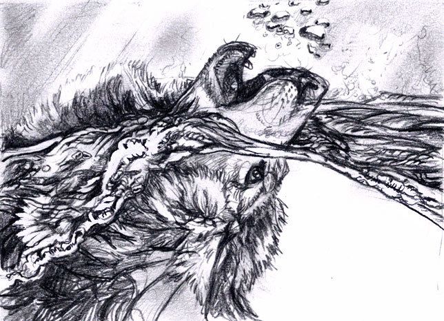 The aquatic wolf character vantid howling unto gravity inverted water. Bubble rise from their muzzle.