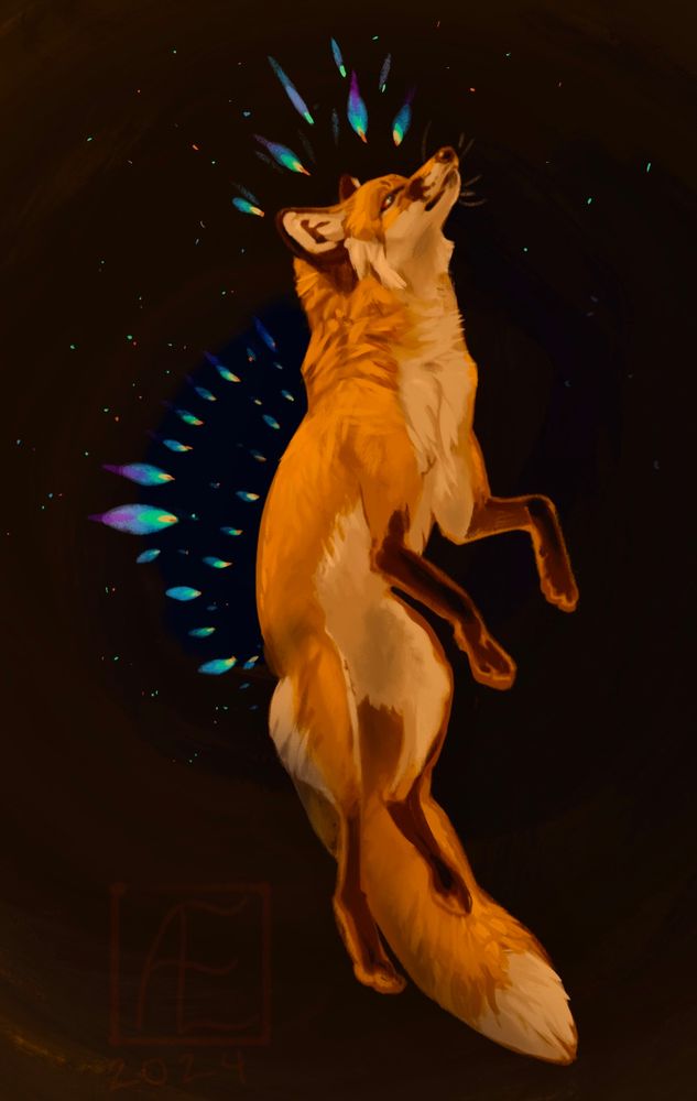 A vertically positions red fox levitates against a warm dark brown background. Spangles of prismatic diamonds  radiate from the head and back.