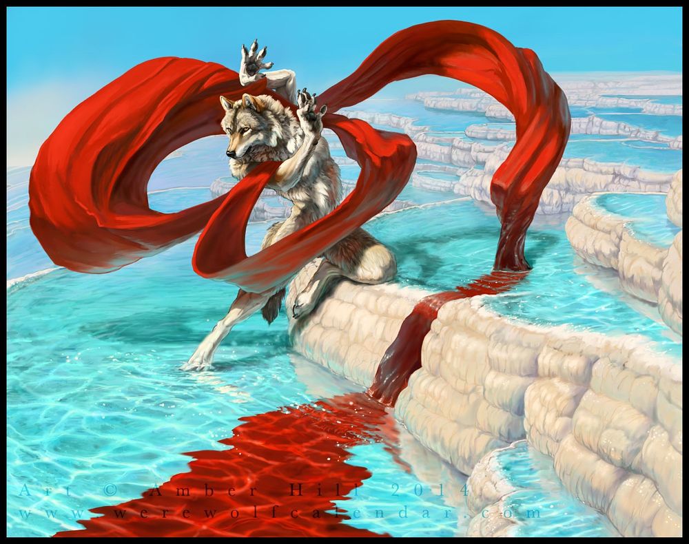 The scene is hazy bright sunny day and white travertine pools with shallow blue water sparkling in the light. An anthro wolf dances among swirls of deep red cloth that billow into the air around him. One knee rests on the edge of a pool and the cloth is falling into that pool and spills into the foreground, appearing like blood in the water.