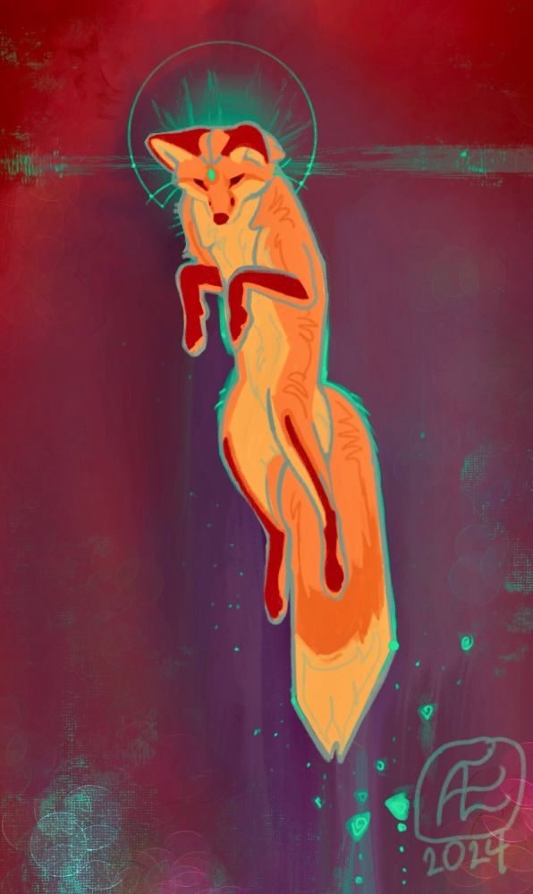 A stylized fox mid pounce, forelegs tucked against the chest, hind legs and tail dangling. Teal accents flicker around and a halo hovers behind the head.