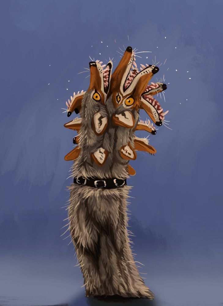 A digital painting of an elongated coyote torso exhibiting a mutation more commonly found in plants called fasciation. Multiple eyes, ears, and toothy muzzles are displayed, as well as a black collar with several silver buckles. 